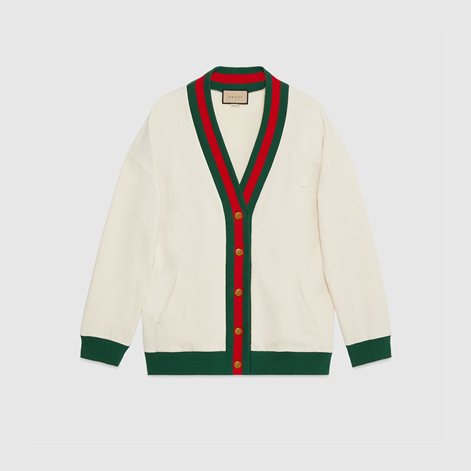 gucci classic web stripe trim v‑neck oversized knit cardigan